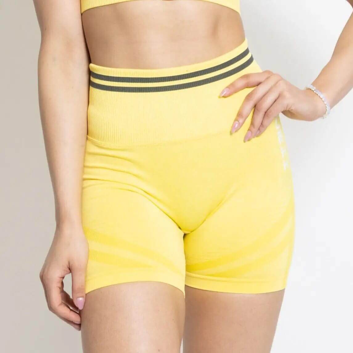 yellow biker short with grey strip waist band