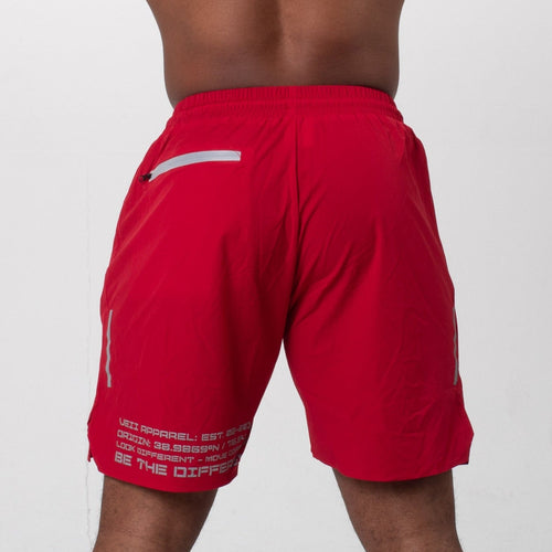 back of mens red stealth shorts with pockets