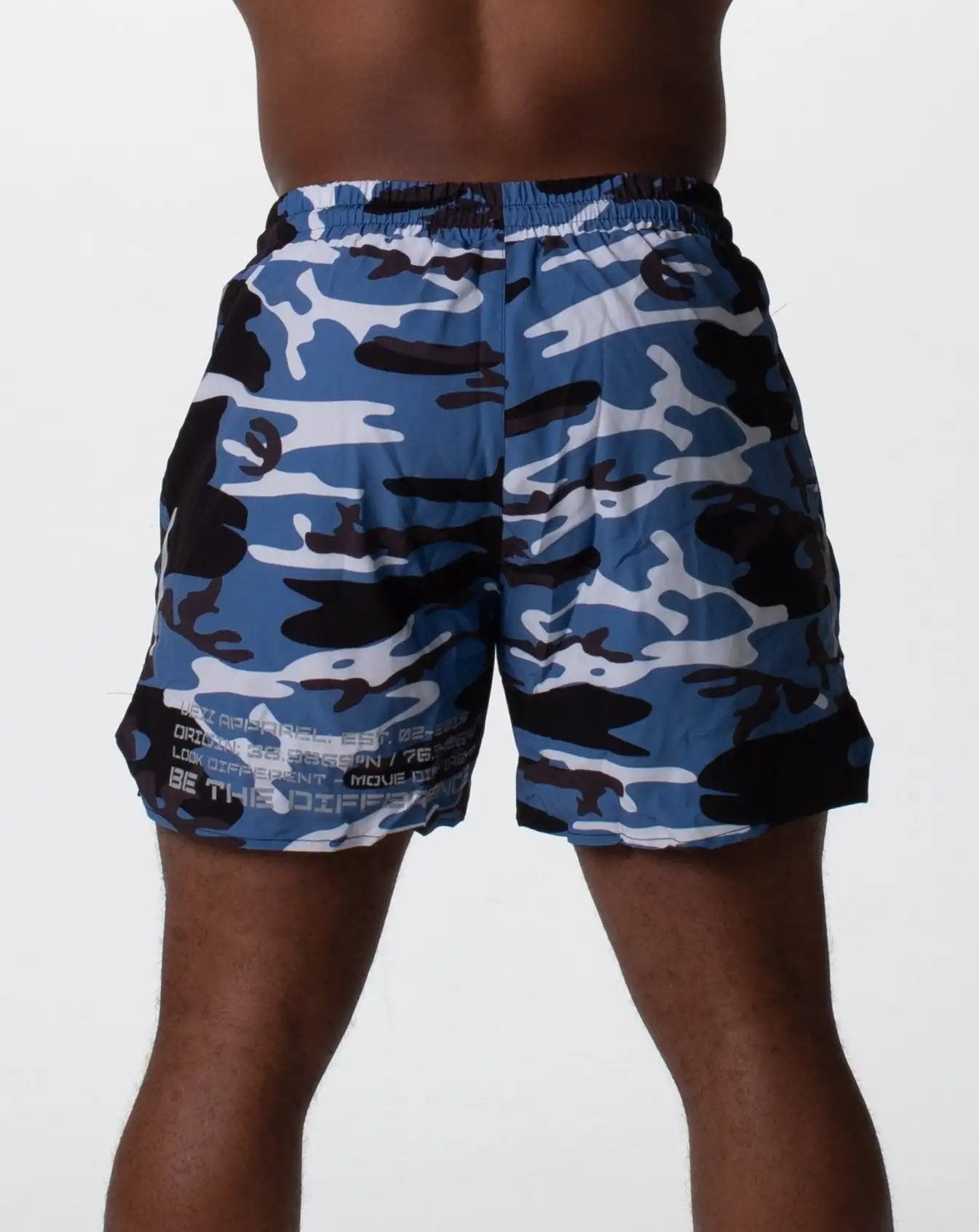 back of blue running shorts with liner