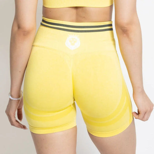 back of yellow scrunch butt shorts 